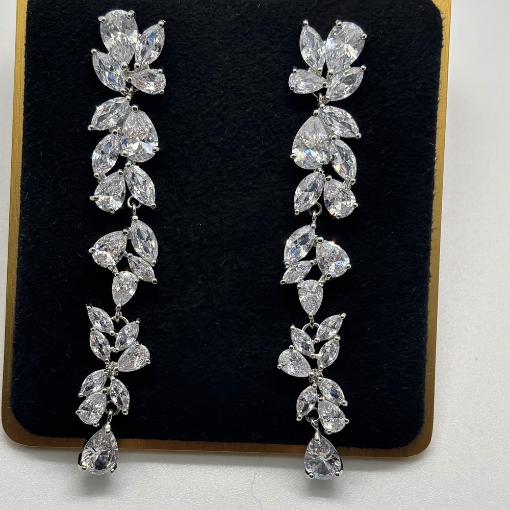 Cubic Zirconia Dangle Earrings Women OS Silver Floral Vine Drop